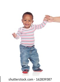 Beautiful African American Baby Learning To Walk Isolated On A White Background