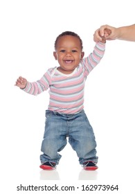 Beautiful African American Baby Learning To Walk Isolated On A White Background