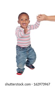 Beautiful African American Baby Learning To Walk Isolated On A White Background