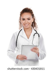 Beautiful African American Female Doctor On White Background