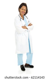 Beautiful African American Female Doctor In A Labcoat.  Full Body Isolated.