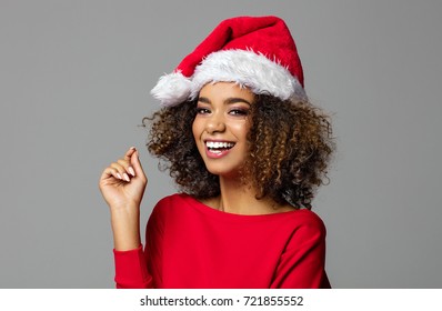 Beautiful African American Female Model Wear Santa Hat