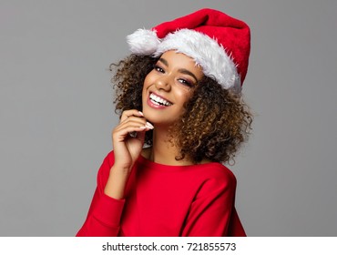 Beautiful African American Female Model Wear Santa Hat