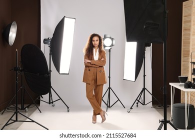 Beautiful African American Model Posing In Studio. Professional Photo Session