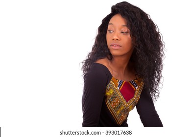 Beautiful African American woman with curly hairs isolated on white background