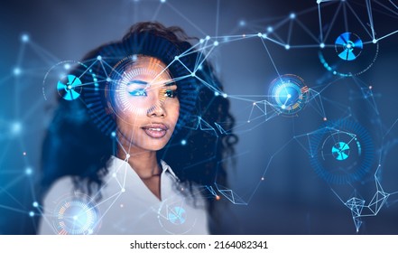 Beautiful african american woman, eye with digital biometric verification. Face detection hud and scanner. Concept of face id and artificial intelligence. - Powered by Shutterstock