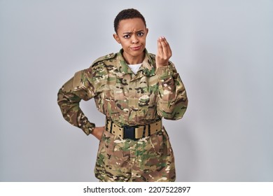 Beautiful African American Woman Wearing Camouflage Army Uniform Doing Italian Gesture With Hand And Fingers Confident Expression 