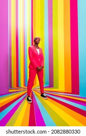 Beautiful African American Young Woman Dancer Having Fun Inside A Rainbow Box Room - Cool And Stylish Adult Woman Portrait On Multicolored Background, Influencer Creating Content For Social Networks