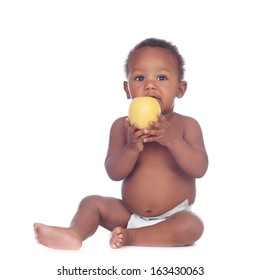 Beautiful African Baby Diapers Eating Apple Isolated On A White Background