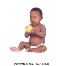 Beautiful African Baby Diapers Eating Apple Isolated On A White Background