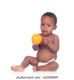 Beautiful African Baby Diapers Eating Apple Isolated On A White Background