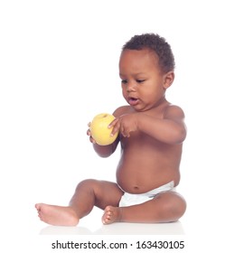 Beautiful African Baby Diapers Eating Apple Isolated On A White Background