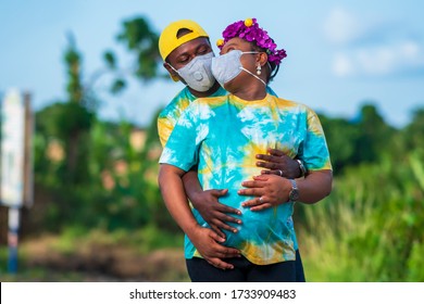 Beautiful African Couple Wearing Medical Mask For Protection, Pregnant And Expecting To Deliver In Covid-19 Season - Protect Mother And Fetus From Infection/corona Virus - Black Millennials In Love