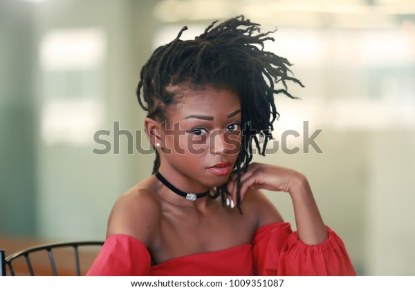 Beautiful African Girl Dreadlocks Keeping Hand Stock Photo
