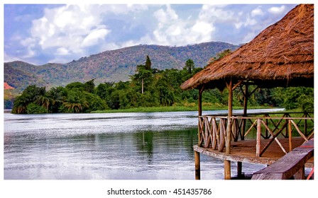 Beautiful African Landscape With Water And Hills In Background. West Africa. Vintage Image. Sweet Memories About Travel. Everything For Your Vacation And Relax In Remote Areas Stunning African Nature 