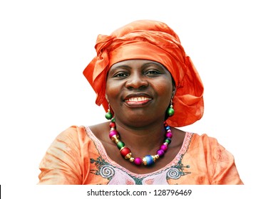 Beautiful African woman with orange scarf on white