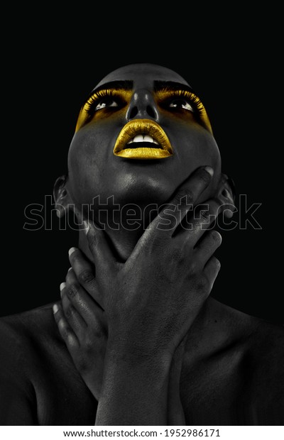 Beautiful African mural painting women with a fantastic Golden Lips on black background. decoration and interior, canvas art, abstract.