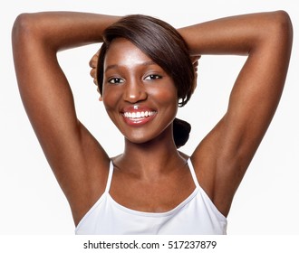 Beautiful  African-American woman. Black Beauty. Armpit's care. Armpit epilation, hair removal, perfect skin.