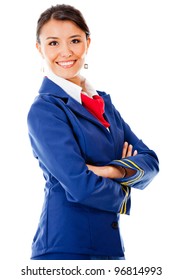 Beautiful Air Hostess With Arms Crossed - Isolated Over A White Background