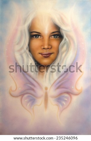 A beautiful airbrush painting of a young woman angelic face with radiant white hair and a butterfly