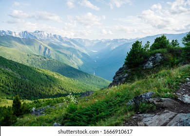 Beautiful alpine landscape with small conifer trees on rock on background of giant mountains and green forest valley with alpine lake and river. Awesome view to vast expanses. Vivid highland  scenery.