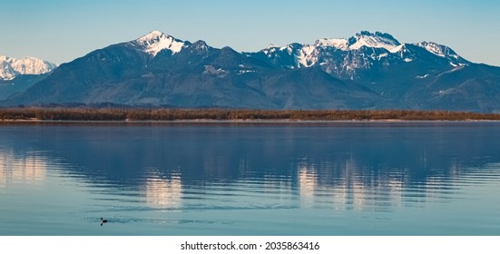 Beautiful alpine spring morning view with reflections and the alps in the background at the famous Chiemsee, Chieming, Chiemgau, Bavaria, Germany