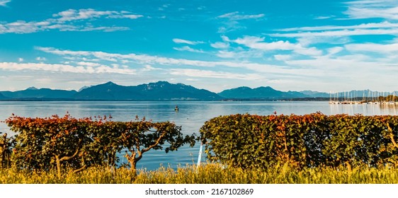 Beautiful alpine summer view at the famous Chiemsee, Seebruck, Bavaria, Germany