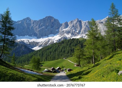 a beautiful alpine village Neustatt valley in the Austrian Alps of the Dachstein region (Styria or Steiermark in Austria)	                               - Shutterstock ID 2076773767