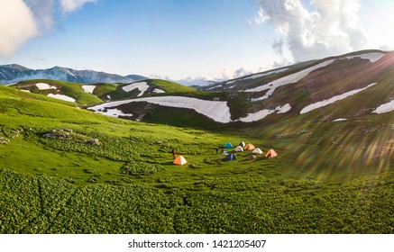 Beautiful And Amazing Askhi Plateau In Georgian Mountains. Fantastic Summer And Colors Of Lechkhumi. 