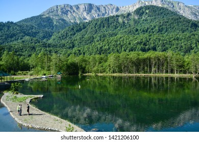 Beautiful And Amazing Kulbaki Green Lake In Georgia. Fantastic Summer And Colors Of Lechkhumi. 