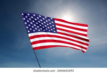 Beautiful American flag waving in the wind, with vibrant red white and blue colors against blue sky, with copy space.election usa 2024 Donald Trump vs Kamala Harris