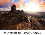 Beautiful American Landscape during a vibrant winter day. Colorful Sunset Sky Art Render. Taken in Smith Rock, Redmond, Oregon, North America. Nature Background