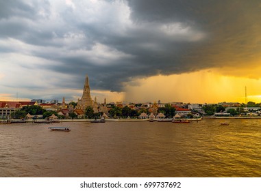 Beautiful Ancient Temple With Arcus Cloud Raining.