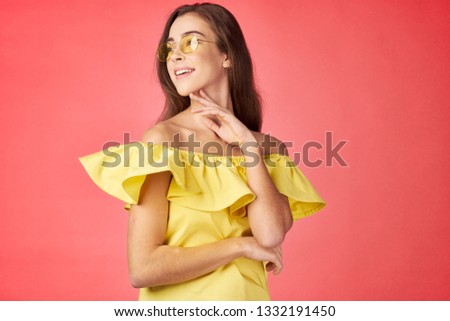 Beautiful animation of a woman in a yellow dress with glasses coral isolated background