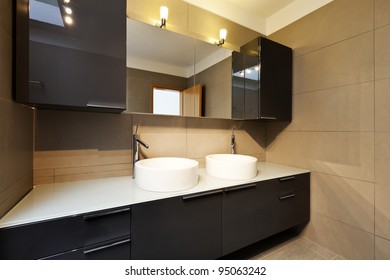 beautiful apartment, interior, bathroom, two sinks and mirror