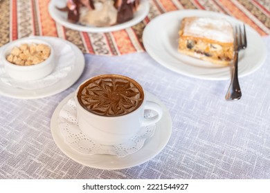 Beautiful Appetizer Cake And Coffee. Sugar Concept. Amazing Food Dessert. Home Bakery Background.