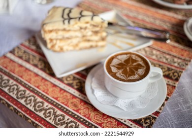 Beautiful Appetizer Cake And Coffee. Sugar Concept. Amazing Food Dessert. Home Bakery Background.