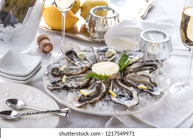 beautiful appetizer oysters two glasses wine champagne