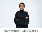 Beautiful arab middle-eastern woman with traditional abaya dress in studio - Arabic muslim adult female portrait in Dubai, United Arab Emirates