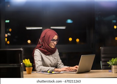 Beautiful Arab Woman With Hijab Working Overtime. Stressed Life Of Nowdays Moms. 