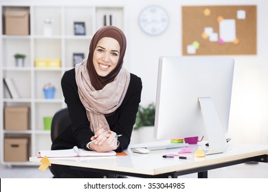 Beautiful Arabic Business Woman Working On Computer. Woman In Her Office,shallow Depth Of Field