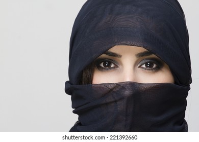 Beautiful Arabic Woman In Hijab With Bright Makeup