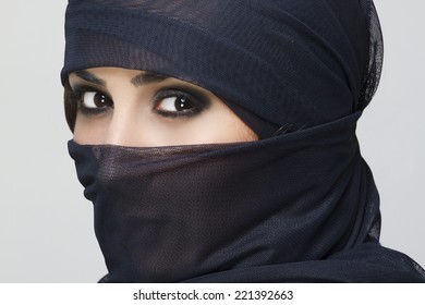 Beautiful Arabic Woman In Hijab With Bright Makeup