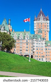 Beautiful architectural building of Quebec - the Chateau Frontenac hotel. Ancient architecture of Quebec Historic Center. Unforgettable trip to Canada.