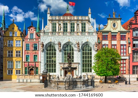 Beautiful architecture of the old town in Gdansk with Artus court, Poland