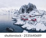 Beautiful arctic landscape with mountains and cabins in Lofoten, Norway