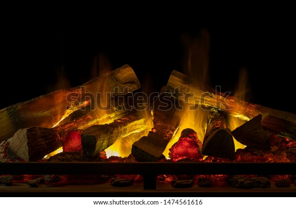 Beautiful Artificial Fireplace Closeup Fire Wood Royalty Free