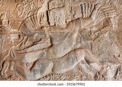 Beautiful artwork with Ravana, bas-relief of Angkor What temple, 12th century Khmer landmark. Cambodian complex and UNESCO World Heritage Site.