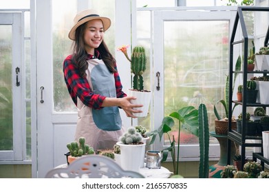 Beautiful Asia owner small business woman holding cactus in small shop cactus	 - Powered by Shutterstock