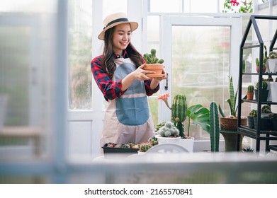 Beautiful Asia owner small business woman holding cactus in small shop cactus	 - Powered by Shutterstock